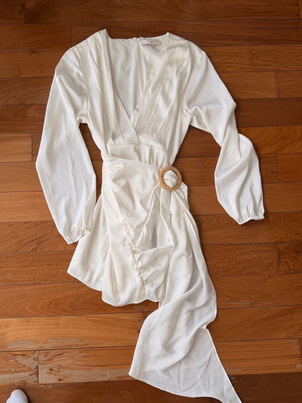 White silk Long Sleeve mini Dress with Woven Belt Detail